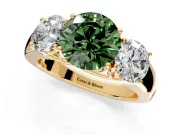 3 Stone Engagement Ring Setting for Fancy Green Round Cut Center with Raised Basket Heads and Prong Head in Yellow Gold