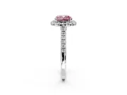 Halo Engagement Ring Setting for Fancy Pink Cushion Cut Center with Narrowing Pave Band and Prong Head in Platinum