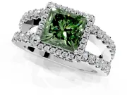 Halo Engagement Ring Setting for Fancy Green Princess Cut Center with Wide-Open Pave Split Shank and Prong Head in Sterling Silver