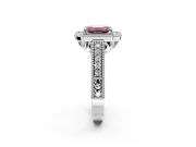 Milgrain Halo Engagement Ring Setting for Fancy Pink Emerald Cut Center with Pave Band and Prong Head in Platinum