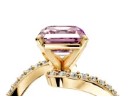 Solitaire Engagement Ring Setting for Fancy Pink Asscher Cut Center with Pave Bypass Swirl Band and Prong Head in Yellow Gold
