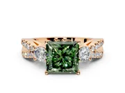 3 Stone Engagement Ring Setting for Fancy Green Princess Cut Center with Pave Split Shank and Prong Head in Rose Gold