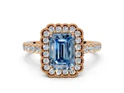 Milgrain Floral Halo Engagement Ring Setting for Fancy Blue Emerald Cut Center with Pave Band and Prong Head in Rose Gold