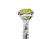 Baguette Engagement Ring Setting for Fancy Yellow Cushion Cut Center with Alternating Bar-Set Band and Prong Head in White Gold
