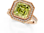 Halo Engagement Ring Setting for Fancy Yellow Asscher Cut Center with Milgrain Pave Band and Bezel Head in Rose Gold