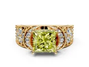 Pave Engagement Ring Setting for Fancy Yellow Princess Cut Center with Curved Accent Rows, Openwork and Prong Head in Yellow Gold