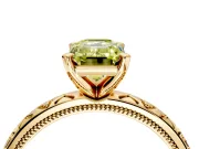 Solitaire Engagement Ring Setting for Fancy Yellow Emerald Cut Center with XO Engraved Band and Prong Head in Yellow Gold