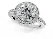 Halo Engagement Ring Setting for Round Cut Center with Metal-Rimmed Halo, Pave Band and Prong Head in White Gold