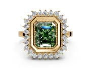 Halo Engagement Ring Setting for Fancy Green Radiant Cut Center with Milgrain Bezel Rim, Plain Band and Prong Head in Yellow Gold