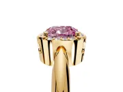 Halo Engagement Ring Setting for Fancy Pink Cushion Cut Center with Tapered Plain Band and Prong Head in Yellow Gold