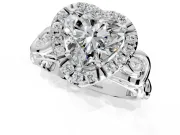 Halo Engagement Ring Setting for Heart-Shaped Center with Open Scroll Shoulders and Prong Head in White Gold