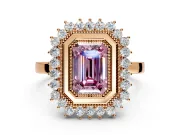 Halo Engagement Ring Setting for Fancy Pink Emerald Cut Center with Milgrain Bezel Rim, Plain Band and Prong Head in Rose Gold