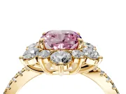 Floral Halo Engagement Ring Setting for Fancy Pink Cushion Cut Center with Pave Accents and Prong Head in Yellow Gold