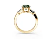 3 Stone Engagement Ring Setting for Fancy Green Round Cut Center with Baguette Accents and Prong Head in Yellow Gold