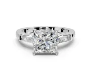 3 Stone Engagement Ring Setting for Princess Cut Center with Tapered Baguettes, Plain Band and Prong Head in Platinum