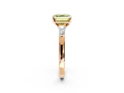 3 Stone Engagement Ring Setting for Fancy Yellow Asscher Cut Center with Tapered Baguettes, Plain Band and Prong Head in Rose Gold