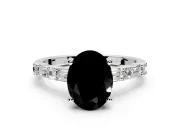 Baguette Engagement Ring Setting for Fancy Black Oval Center with Alternating Bar-Set Band and Prong Head in Sterling Silver