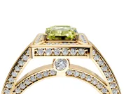 Halo Engagement Ring Setting for Fancy Yellow Emerald Cut Center with Framed Halo, Pave Band and Prong Head in Yellow Gold