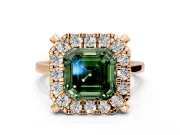 Single Halo Engagement Ring Setting for Fancy Green Asscher Cut Center with Corner Claws, Plain Band and Prong Head in Rose Gold