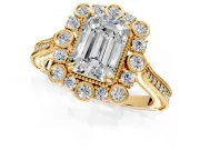 Milgrain Halo Engagement Ring Setting for Emerald Cut Center with Bezel Point Accents and Prong Head in Yellow Gold
