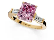 3 Stone Engagement Ring Setting for Fancy Pink Radiant Cut Center with Channel Baguette Accents and Prong Head in Yellow Gold