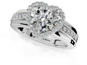 Halo Engagement Ring Setting for Heart-Shaped Center with Wide Band, Inlaid Accent Row and Prong Head in Platinum