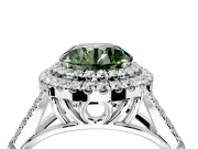 Double Halo Engagement Ring Setting for Fancy Green Round Cut Center with Narrow Pave Split Shank and Prong Head in Platinum