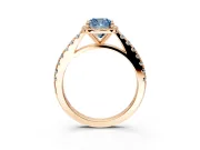 Halo Engagement Ring Setting for Fancy Blue Cushion Cut Center with Full Pave Band and Prong Head in Rose Gold