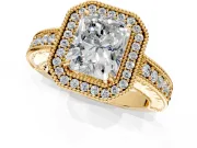 Milgrain Halo Engagement Ring Setting for Radiant Cut Center with Pave Band and Prong Head in Yellow Gold