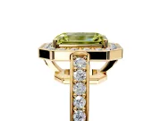 Bezel-Framed Halo Engagement Ring Setting for Fancy Yellow Emerald Cut Center with Pave Band and Prong Head in Yellow Gold
