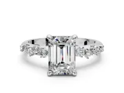 Solitaire Engagement Ring Setting for Emerald Cut Center with Trailing Leaf Accent Band and Prong Head in Sterling Silver