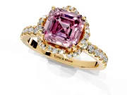 Halo Engagement Ring Setting for Fancy Pink Asscher Cut Center with Openwork Halo, Pave Band and Prong Head in Yellow Gold