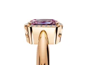 Halo Engagement Ring Setting for Fancy Pink Emerald Cut Center with Tapered Plain Band and Prong Head in Rose Gold