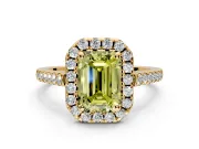 Halo Engagement Ring Setting for Fancy Yellow Emerald Cut Center with Raised Halo, Pave Band and Prong Head in Yellow Gold