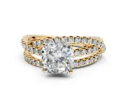 Solitaire Engagement Ring Setting for Cushion Cut Center with Woven 3-Strand Pave Band and Prong Head in Yellow Gold