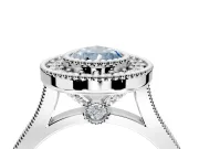 Halo Engagement Ring Setting for Fancy Blue Pear-Shaped Center with Milgrain Frame, Pave Band and Prong Head in Sterling Silver