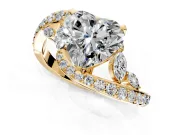 Solitaire Engagement Ring Setting for Heart-Shaped Center with Pave Bypass Twist Band and Prong Head in Yellow Gold