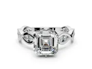 Solitaire Engagement Ring Setting for Asscher Cut Center with Accented Twist Band and Leaf Prong Head in Platinum