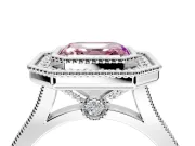 Halo Engagement Ring Setting for Fancy Pink Asscher Cut Center with Milgrain Frame, Pave Band and Prong Head in Platinum