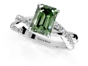 Crossover Engagement Ring Setting for Fancy Green Emerald Cut Center with Pave and Plain Strands and Prong Head in White Gold