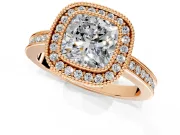 Halo Engagement Ring Setting for Cushion Cut Center with Milgrain Halo, Pave Band and Prong Head in Rose Gold