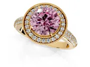 Milgrain Halo Engagement Ring Setting for Fancy Pink Round Cut Center with Three-Sided Pave Band and Prong Head in Yellow Gold
