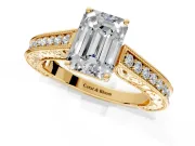 Solitaire Engagement Ring Setting for Emerald Cut Center with Engraved Pave Band and Prong Head in Yellow Gold