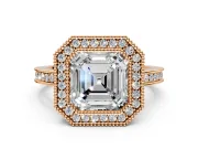 Halo Engagement Ring Setting for Asscher Cut Center with Milgrain Halo, Pave Band and Prong Head in Rose Gold
