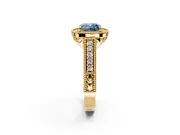 Milgrain Halo Engagement Ring Setting for Fancy Blue Cushion Cut Center with Pave Band and Prong Head in Yellow Gold