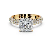Solitaire Engagement Ring Setting for Cushion Cut Center with Domed Multi-Row Pave Band and Prong Head in Yellow Gold