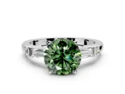 Bar-Set Engagement Ring Setting for Fancy Green Round Cut Center with Tapered Baguette Accents and Prong Head in White Gold