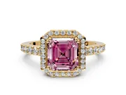 Halo Engagement Ring Setting for Fancy Pink Asscher Cut Center with Inner Milgrain Border and Prong Head in Yellow Gold