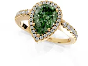 Accent Halo Engagement Ring Setting for Fancy Green Pear-Shaped Center with Full-Length Pave Band and Prong Head in Yellow Gold