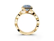 Halo Engagement Ring Setting for Fancy Blue Princess Cut Center with Pave and Plain Twist Band and Prong Head in Yellow Gold